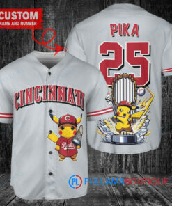 Cincinnati Reds x Pikachu Pokemon with Trophy Custom Baseball Jersey Gray