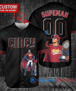 Cincinnati Reds x Superman DC Comics with Trophy Custom Baseball Jersey Black 2023 City Connect