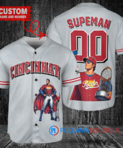 Cincinnati Reds x Superman DC Comics with Trophy Custom Baseball Jersey Gray