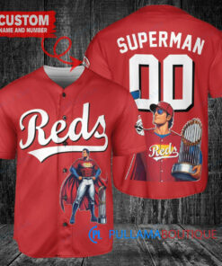 Cincinnati Reds x Superman DC Comics with Trophy Custom Baseball Jersey Red