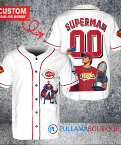 Cincinnati Reds x Superman DC Comics with Trophy Custom Baseball Jersey White