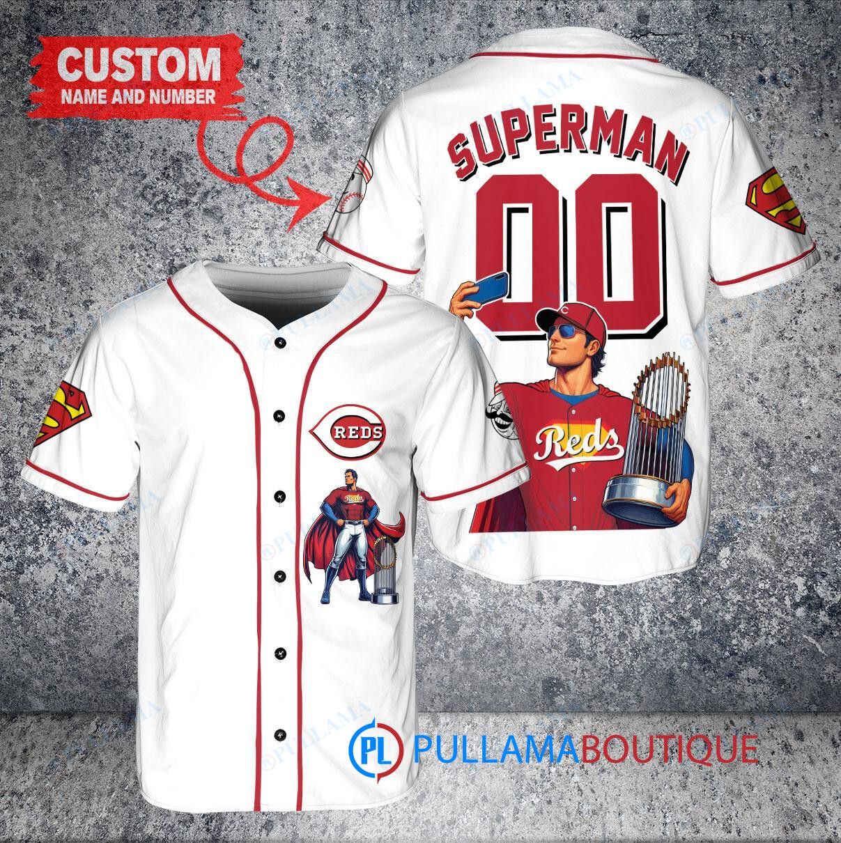 Cincinnati Reds x Superman DC Comics with Trophy Custom Baseball Jersey Gray