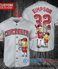 Cincinnati Reds x The Simpsons Bart Simpson, Homer Simpson, Lisa Simpson with Trophy Custom Baseball Jersey Gray