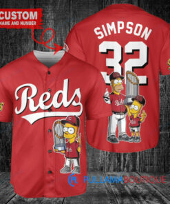 Cincinnati Reds x The Simpsons Bart Simpson, Homer Simpson, Lisa Simpson with Trophy Custom Baseball Jersey Red