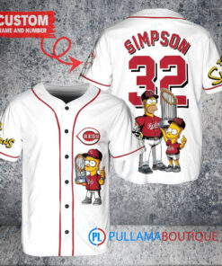 Cincinnati Reds x The Simpsons Bart Simpson, Homer Simpson, Lisa Simpson with Trophy Custom Baseball Jersey White