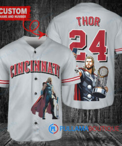 Cincinnati Reds x Thor Marvel with Trophy Custom Baseball Jersey Gray