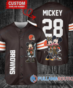 Cleveland Browns x Mickey and Minnie with Trophy Custom Baseball Jersey Brown