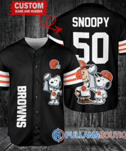 Cleveland Browns x Snoopy and Charlie Brown with Trophy Custom Baseball Jersey Black