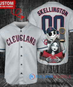 Cleveland Guardians Jack Skellington Sally World Series Trophy Baseball Jersey Gray