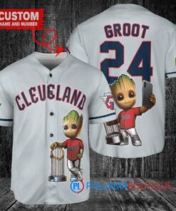 Cleveland Guardians x Baby Groot Marvel Guardians Of The Galaxy with Trophy Custom Baseball Jersey Gray