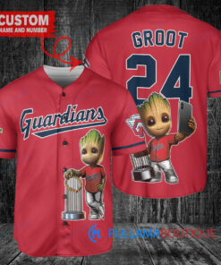 Cleveland Guardians x Baby Groot Marvel Guardians Of The Galaxy with Trophy Custom Baseball Jersey Red