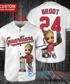 Cleveland Guardians x Baby Groot Marvel Guardians Of The Galaxy with Trophy Custom Baseball Jersey White