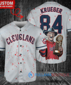 Cleveland Guardians x Freddy Krueger A Nightmare on Elm Street Halloween with World Series Trophy Custom Baseball Jersey Gray