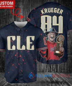 Cleveland Guardians x Freddy Krueger A Nightmare on Elm Street Halloween with World Series Trophy Custom Baseball Jersey Navy City Connect