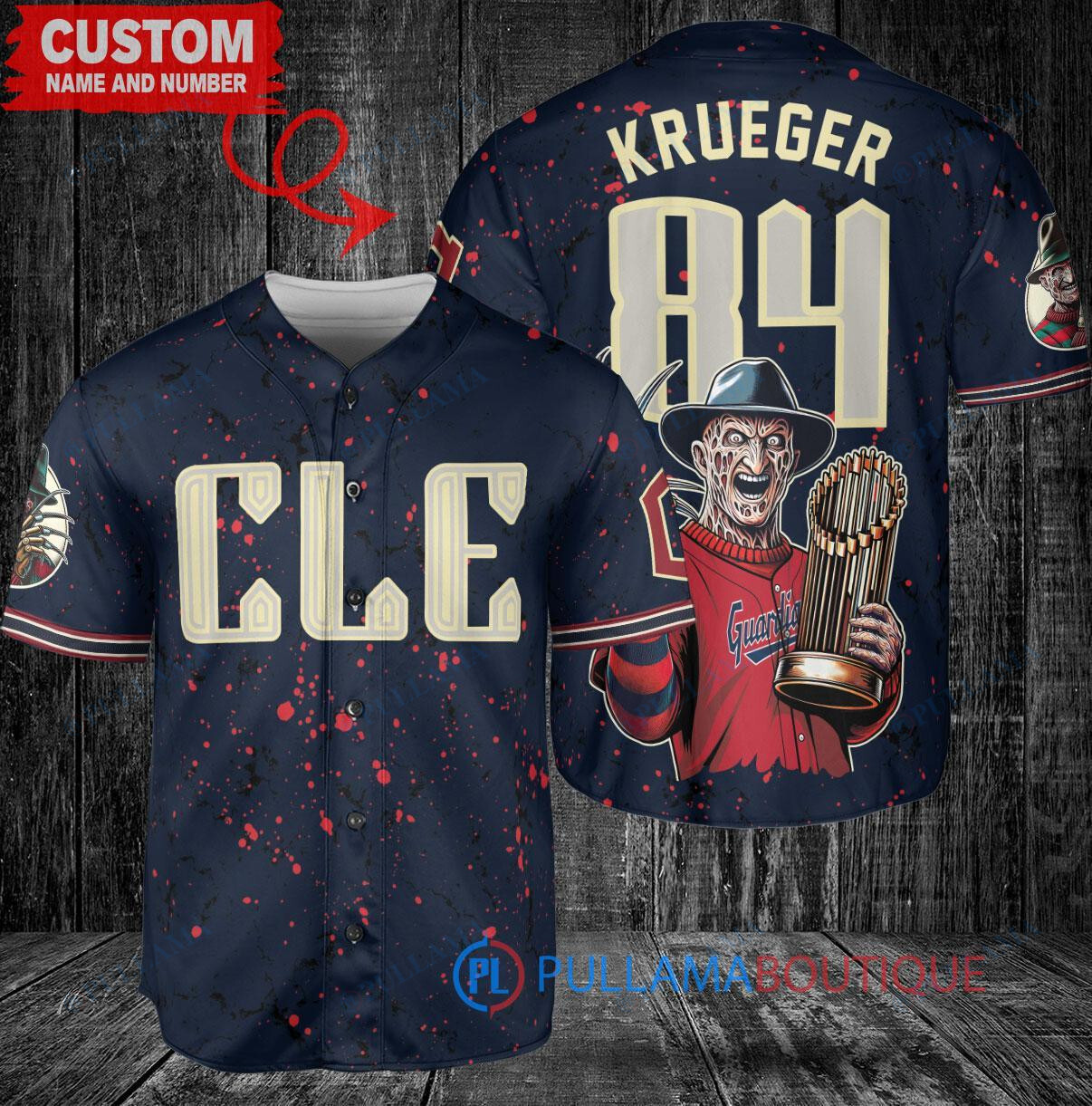 Houston Astros x Freddy Krueger A Nightmare on Elm Street Halloween with World Series Trophy Custom Baseball Jersey Navy City Connect