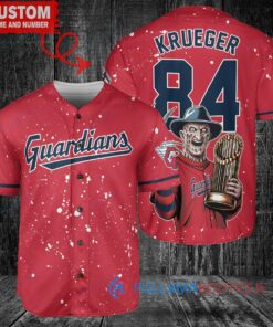 Cleveland Guardians x Freddy Krueger A Nightmare on Elm Street Halloween with World Series Trophy Custom Baseball Jersey Red