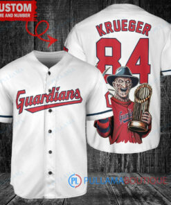 Cleveland Guardians x Freddy Krueger A Nightmare on Elm Street Halloween with World Series Trophy Custom Baseball Jersey White