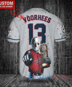 Cleveland Guardians x Friday the 13th Jason Voorhees Halloween with World Series Trophy Custom Baseball Jersey Gray