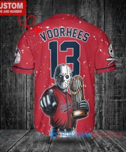 Cleveland Guardians x Friday the 13th Jason Voorhees Halloween with World Series Trophy Custom Baseball Jersey Red