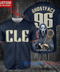 Cleveland Guardians x Ghostface Scream Halloween Halloween with World Series Trophy Custom Baseball Jersey Navy City Connect