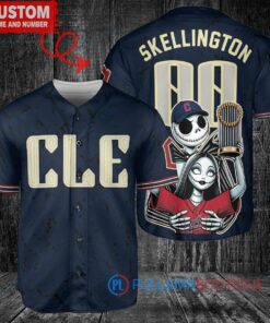 Cleveland Guardians x Jack Skellington and Sally The Nightmare Before Christmas with World Series Trophy Custom Baseball Jersey Navy City Connect