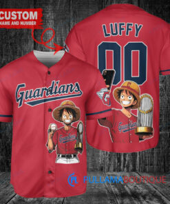 Cleveland Guardians x Luffy One Piece with Trophy Custom Baseball Jersey Red