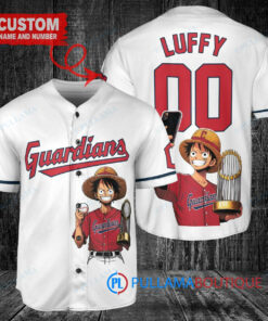 Cleveland Guardians x Luffy One Piece with Trophy Custom Baseball Jersey White