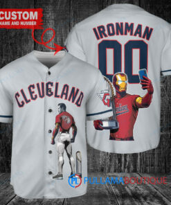 Cleveland Guardians x Marvel Iron Man Tony Stark with Trophy Custom Baseball Jersey Gray