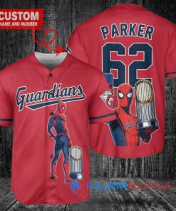 Cleveland Guardians x Marvel Spiderman with Trophy Custom Baseball Jersey Red