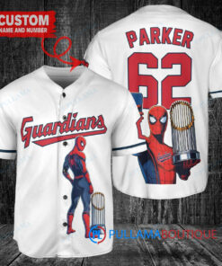 Cleveland Guardians x Marvel Spiderman with Trophy Custom Baseball Jersey White