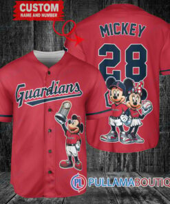 Cleveland Guardians x Mickey and Minnie with Trophy Baseball Jersey Red