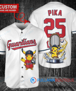 Cleveland Guardians x Pikachu Pokemon with Trophy Custom Baseball Jersey White