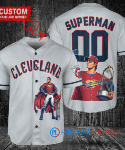 Cleveland Guardians x Superman DC Comics with Trophy Custom Baseball Jersey Gray