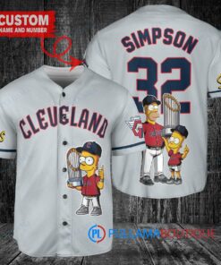 Cleveland Guardians x The Simpsons Bart Simpson, Homer Simpson, Lisa Simpson with Trophy Custom Baseball Jersey Gray