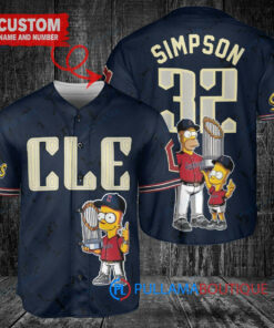 Cleveland Guardians x The Simpsons Bart Simpson, Homer Simpson, Lisa Simpson with Trophy Custom Baseball Jersey Navy City Connect