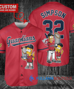 Cleveland Guardians x The Simpsons Bart Simpson, Homer Simpson, Lisa Simpson with Trophy Custom Baseball Jersey Red