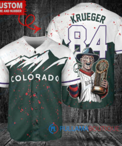 CO Rockies Freddy Krueger Halloween World Series Trophy Baseball Jersey Green