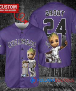 Colorado Rockies x Baby Groot Marvel Guardians Of The Galaxy with Trophy Custom Baseball Jersey Purple