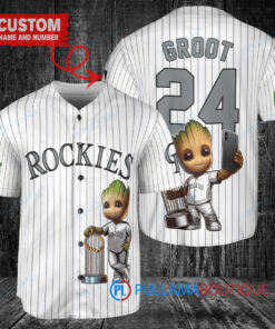 Colorado Rockies x Baby Groot Marvel Guardians Of The Galaxy with Trophy Custom Baseball Jersey White