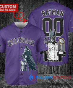 Colorado Rockies x DC Comics Batman The Dark Knight with Trophy Custom Baseball Jersey Purple