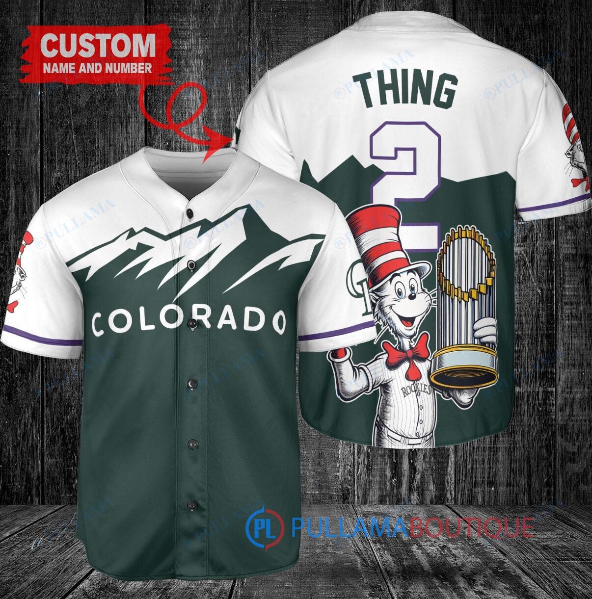 Colorado Rockies x Dr Seuss with World Series Trophy Custom Baseball Jersey Purple