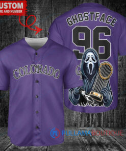 Colorado Rockies x Ghostface Scream Halloween Halloween with World Series Trophy Custom Baseball Jersey Purple