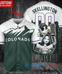 Colorado Rockies x Jack Skellington and Sally The Nightmare Before Christmas with World Series Trophy Custom Baseball Jersey Green