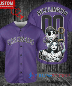 Colorado Rockies x Jack Skellington and Sally The Nightmare Before Christmas with World Series Trophy Custom Baseball Jersey Purple