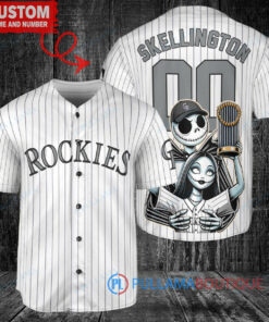 Colorado Rockies x Jack Skellington and Sally The Nightmare Before Christmas with World Series Trophy Custom Baseball Jersey White