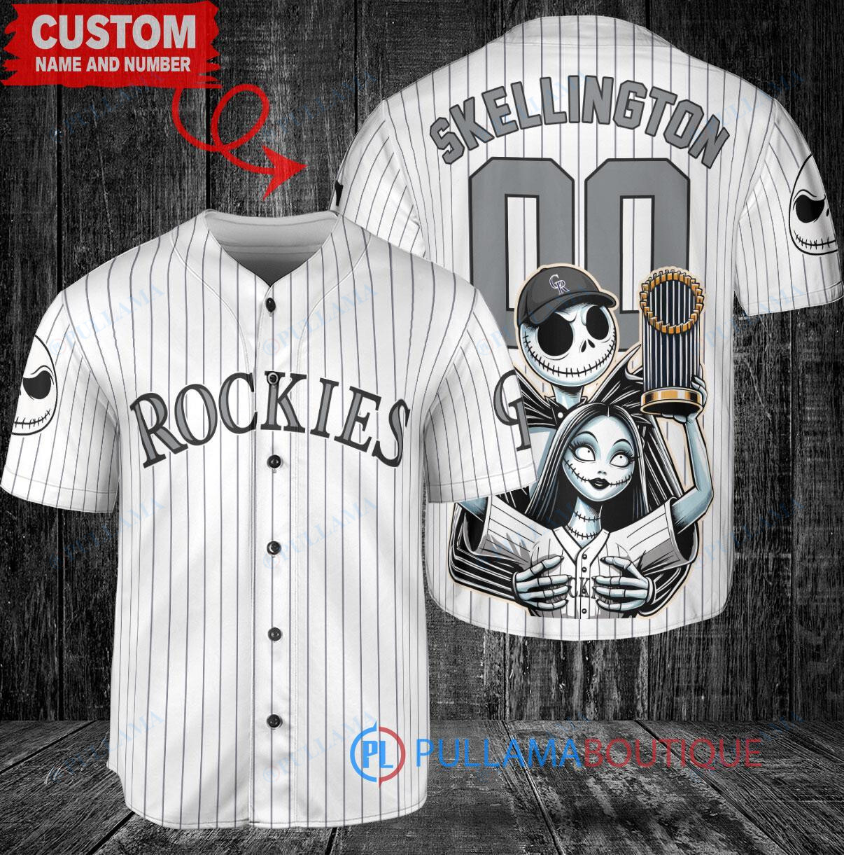 Miami Marlins Jack Skellington Sally World Series Trophy Baseball Jersey White