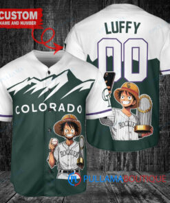 Colorado Rockies x Luffy One Piece with Trophy Custom Baseball Jersey Green