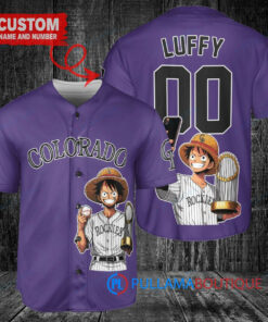 Colorado Rockies x Luffy One Piece with Trophy Custom Baseball Jersey Purple