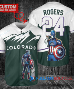 Colorado Rockies x Marvel Captain America Steve Rogers with Trophy Custom Baseball Jersey Green