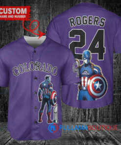 Colorado Rockies x Marvel Captain America Steve Rogers with Trophy Custom Baseball Jersey Purple